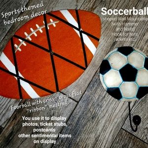 Bundle Sports themed room decor-  soccer hook for hats/jackets &Football photo